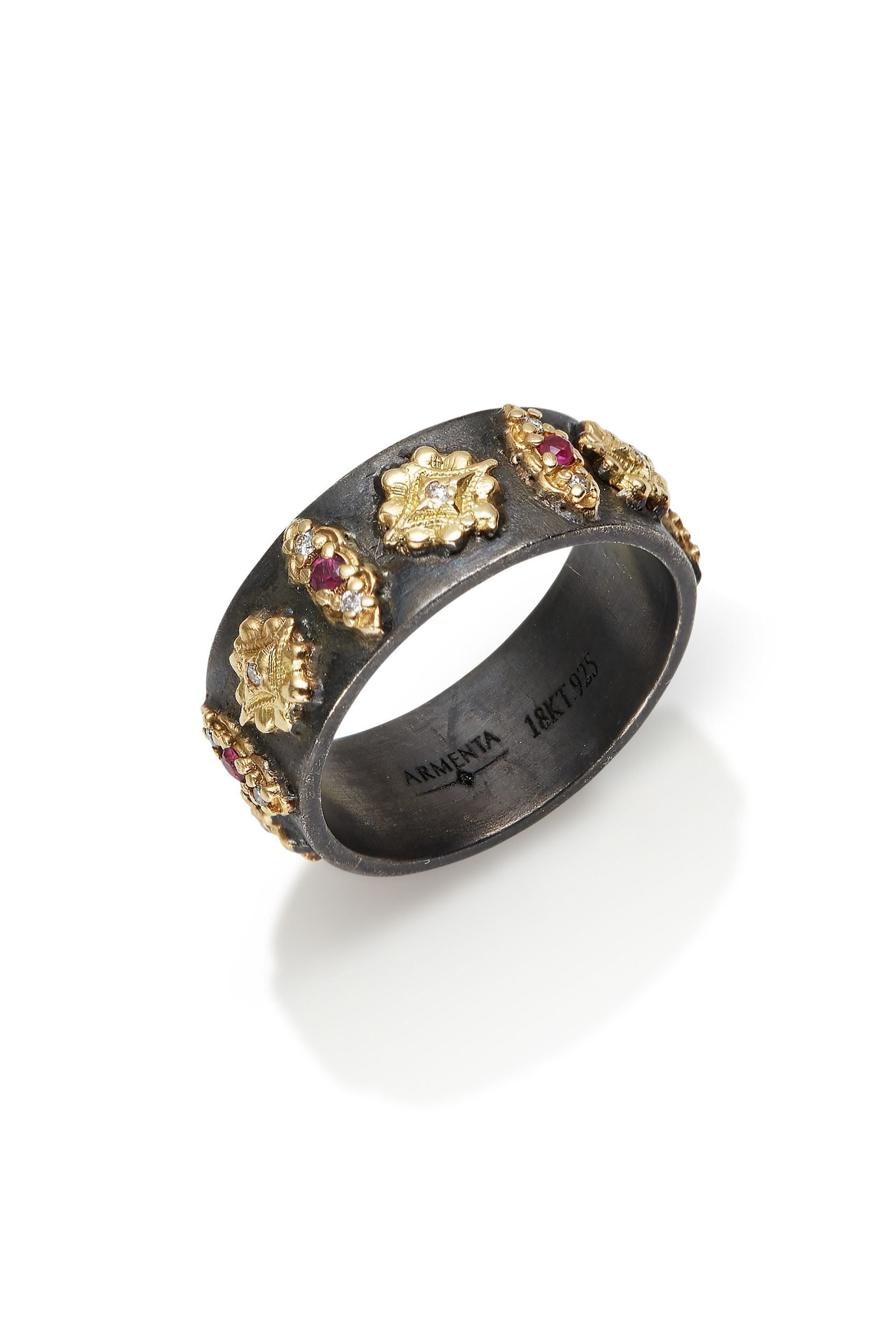 18KY Floral and Scroll Stations Wide Stack Ring with Rubies and Diamonds