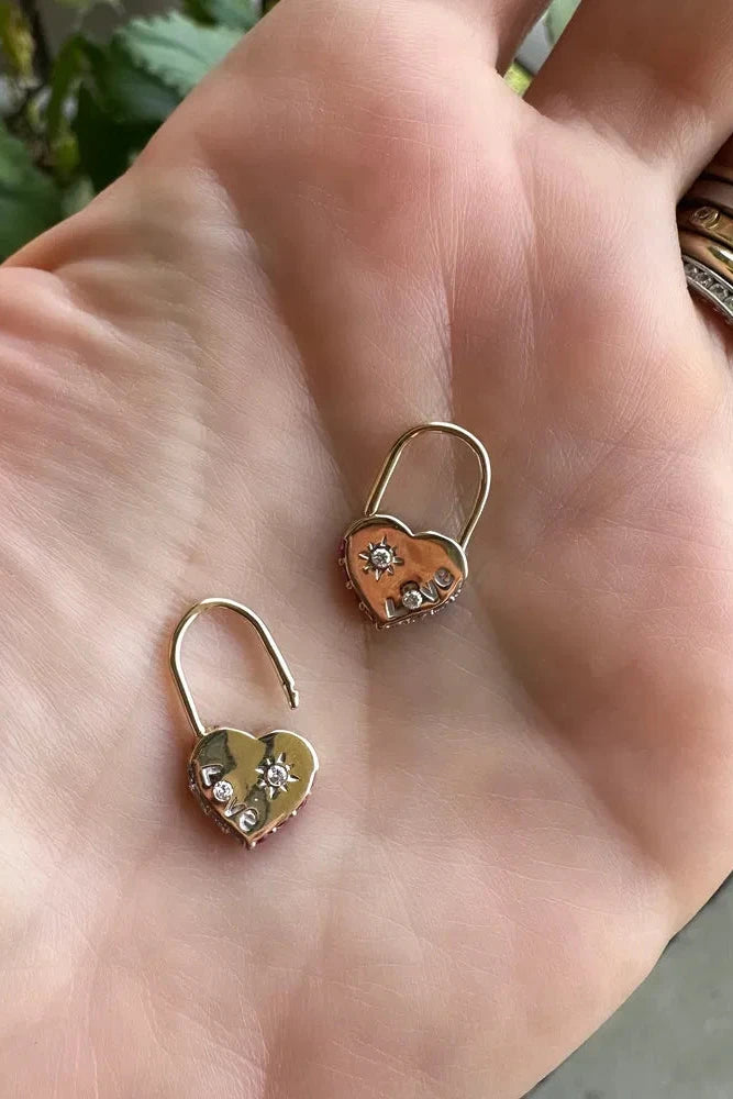 14KY Unlock Love Heart Lock Hoop Earrings