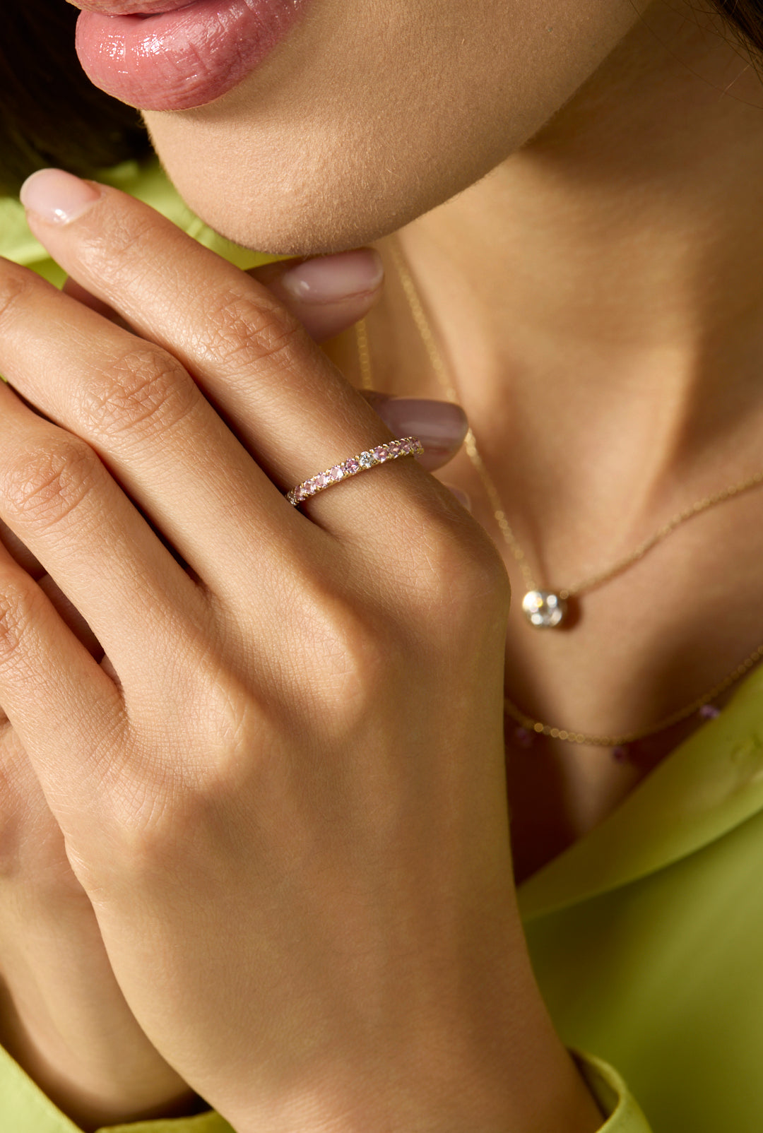 14KY Pink Sapphire and Diamond Eternity Band
