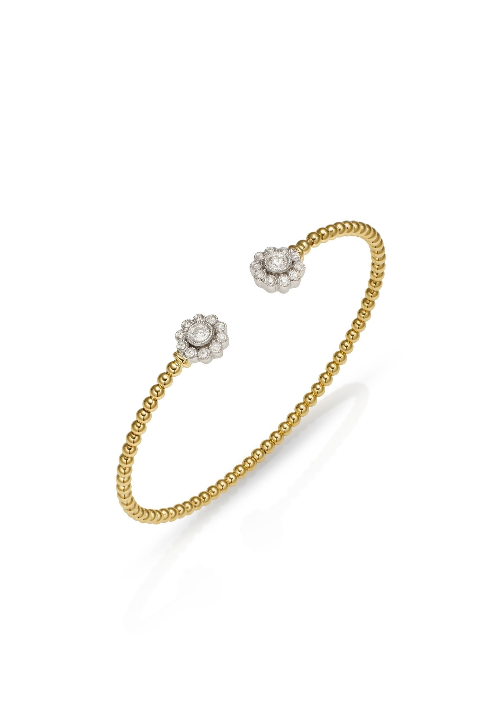 14K White-Yellow Gold Bujukan Split Cuff Bracelet with Diamond Flowers