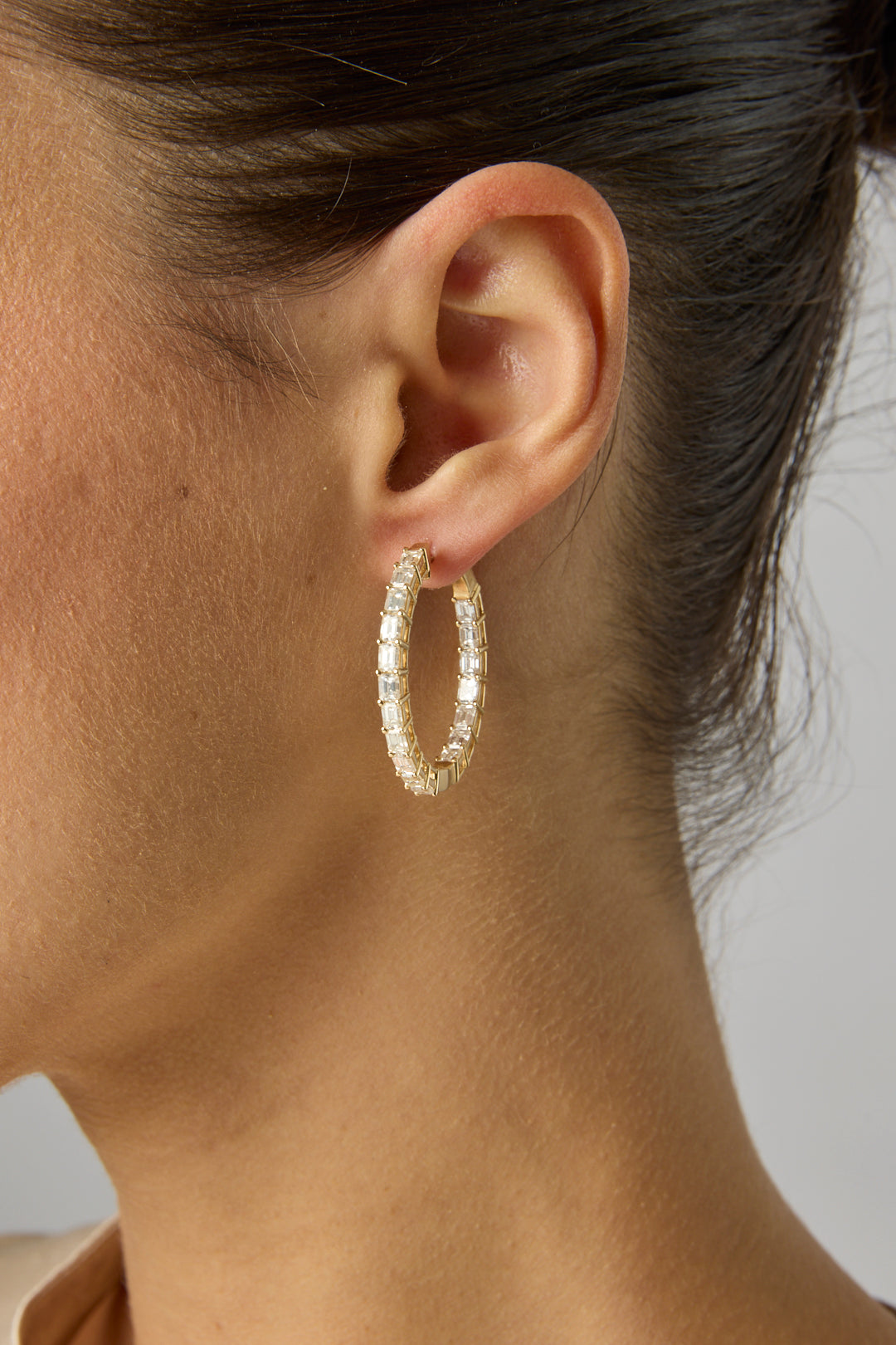 14KY Emerald Cut Diamond Hoops