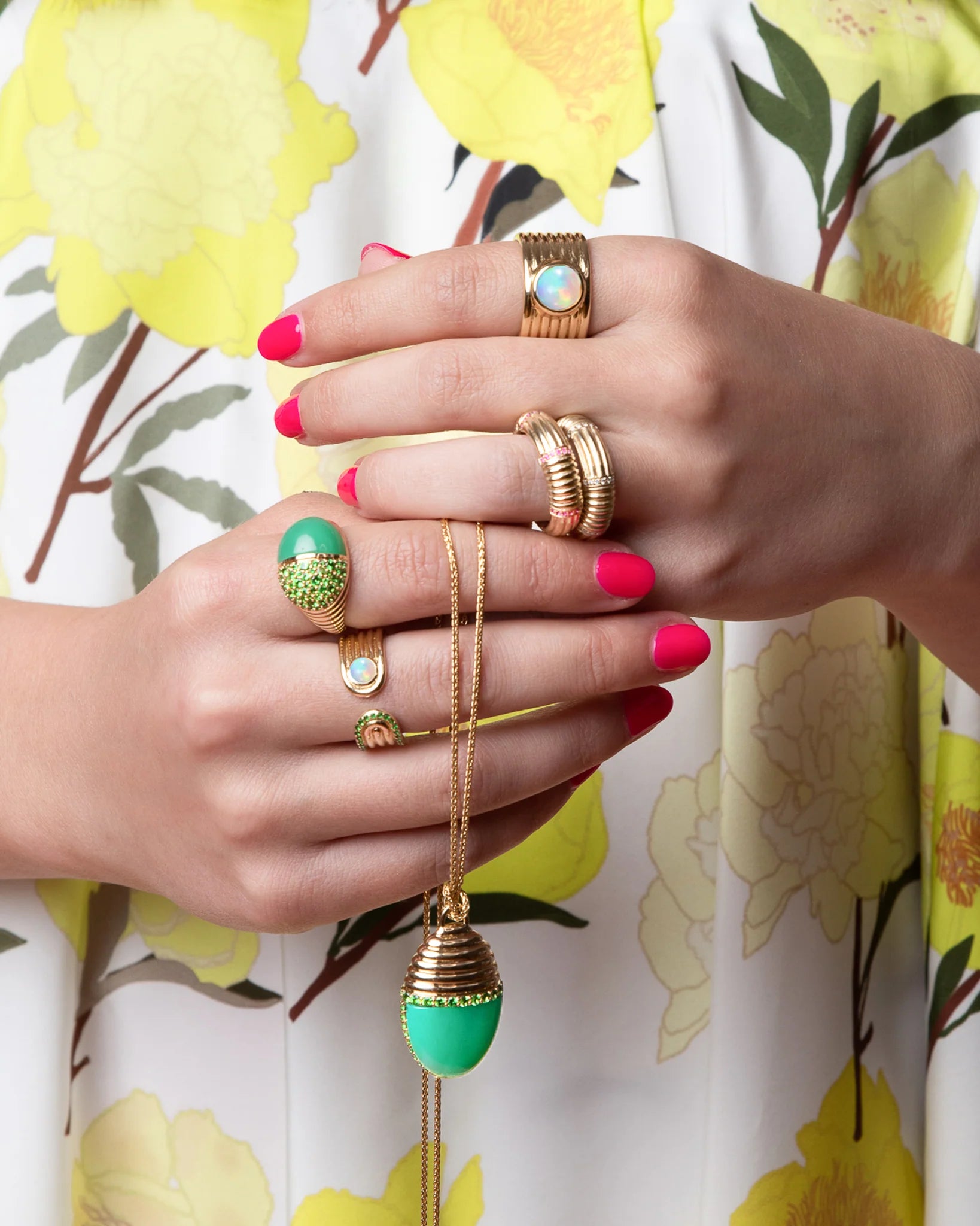 14KY Found Cap Cocktail Ring with Chrysoprase & Tsavorite
