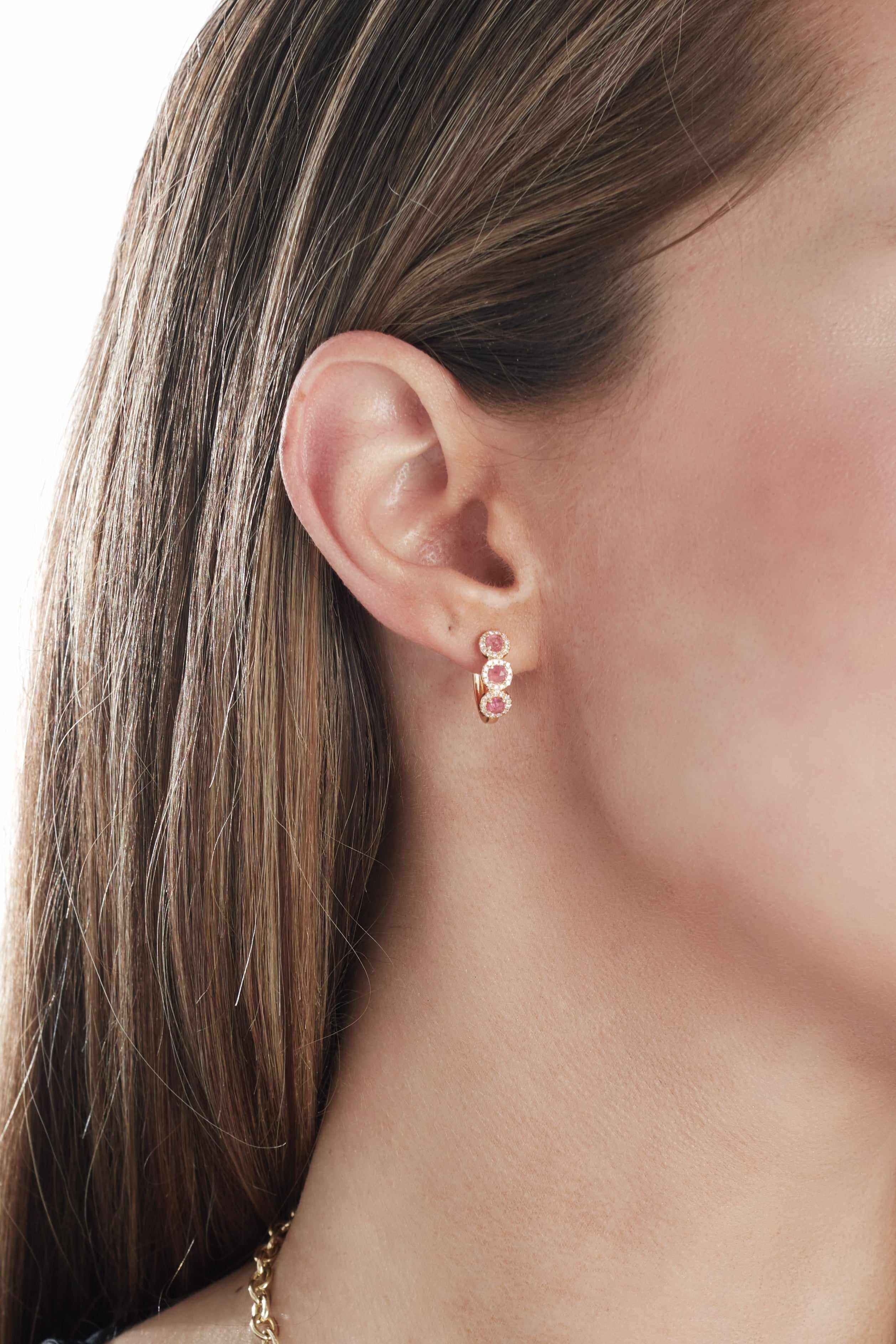 14K Rose Cut Pink Tourmaline and Diamond Halo Huggies