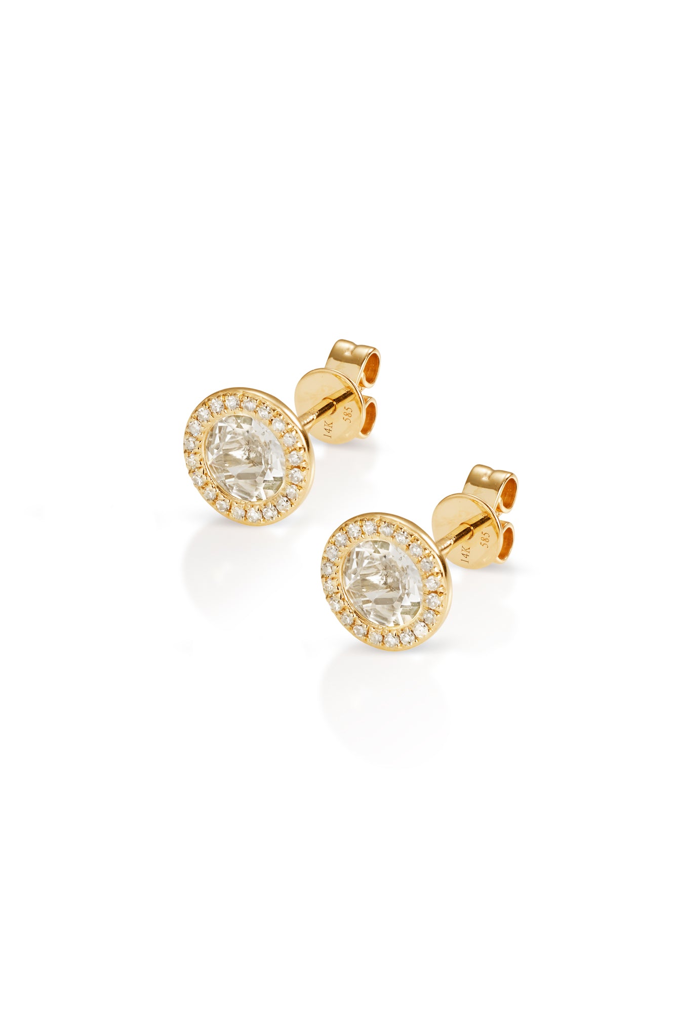 14KY Gold Diamond Halo with White Topaz Center Earrings