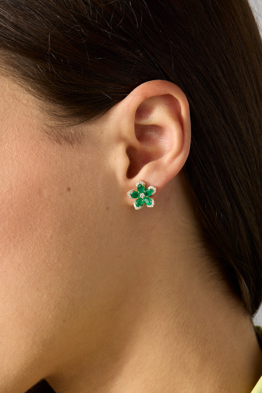 14KY Emerald and Diamond Flower Studs