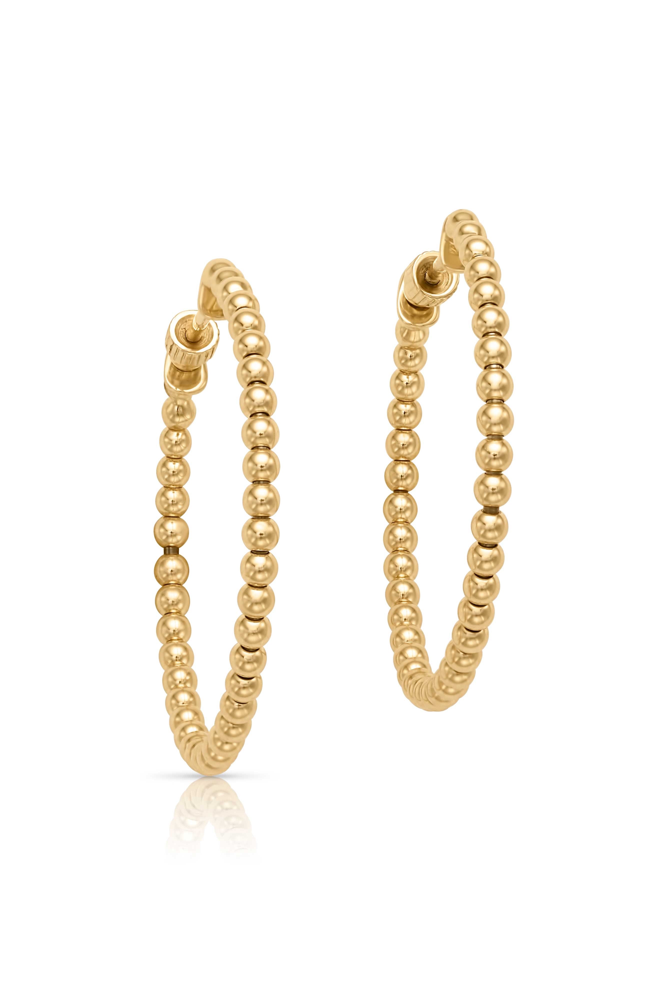 14KY Beaded Round Classic Hoop Earrings