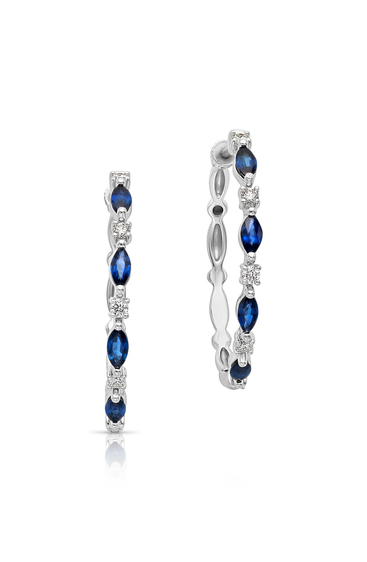 14KW Diamond and Marquise Blue Sapphire Hoops