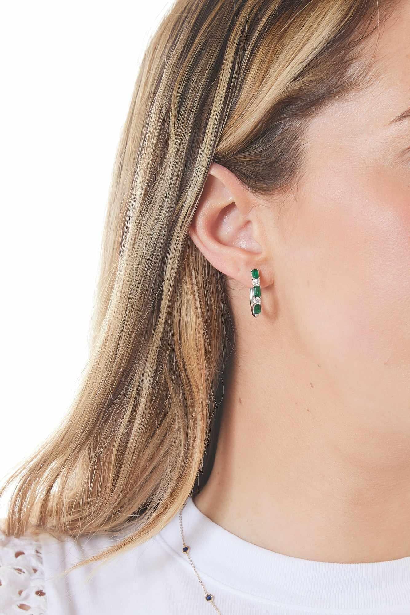 18K White Gold Emerald Cut Emerald and Round Diamond Hoops-Earrings-Uneek-Susan Saffron Jewelry