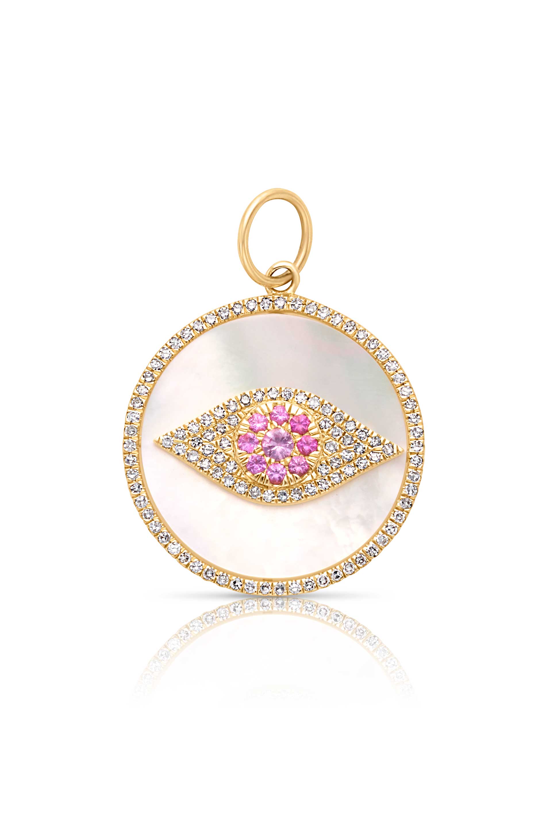 14KY Mother of Pearl and Pink Sapphire Evil Eye Disc