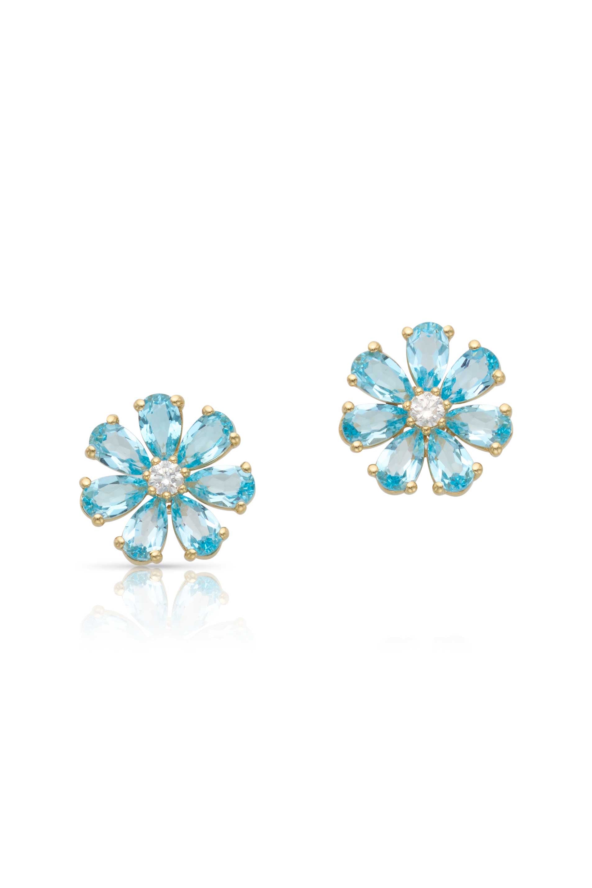 14KY Blue Topaz and Diamond Flower Studs