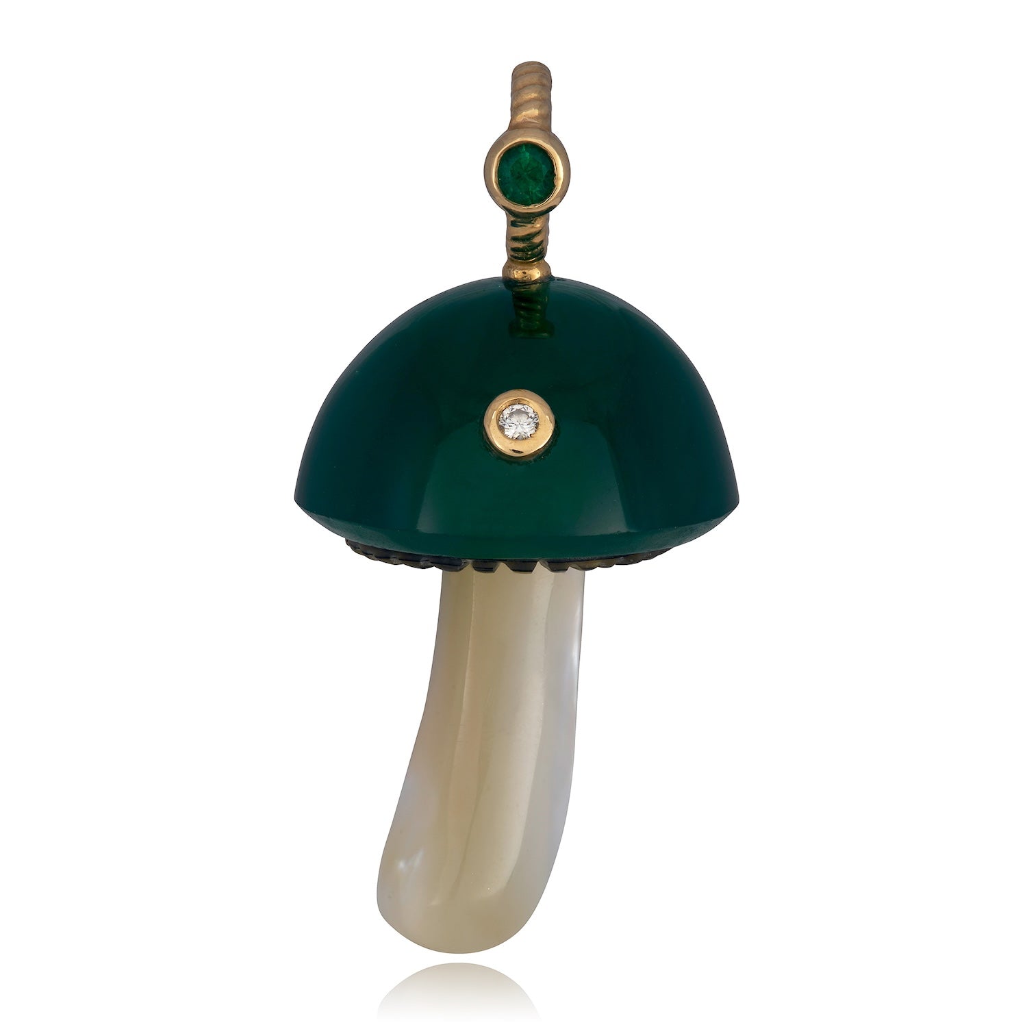 Green Chalcedony Mushroom with Emerald and Diamond