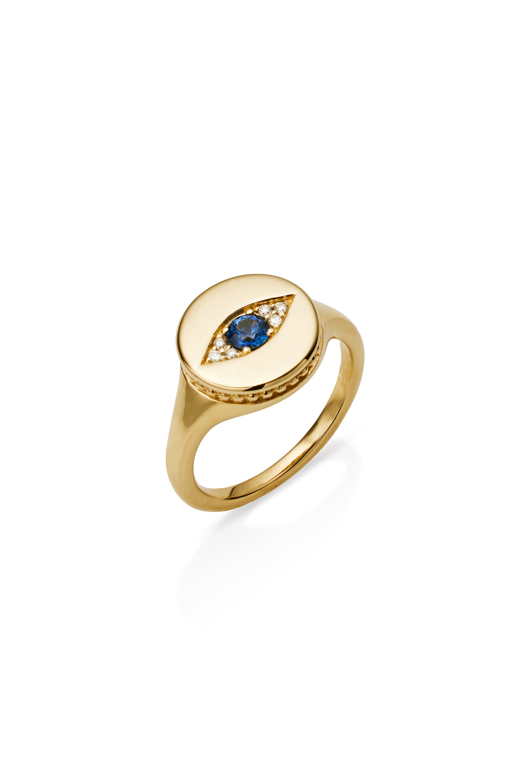 14K Yellow Gold Bujukan Diamond and Sapphire Evil Eye Signet Ladies Ring