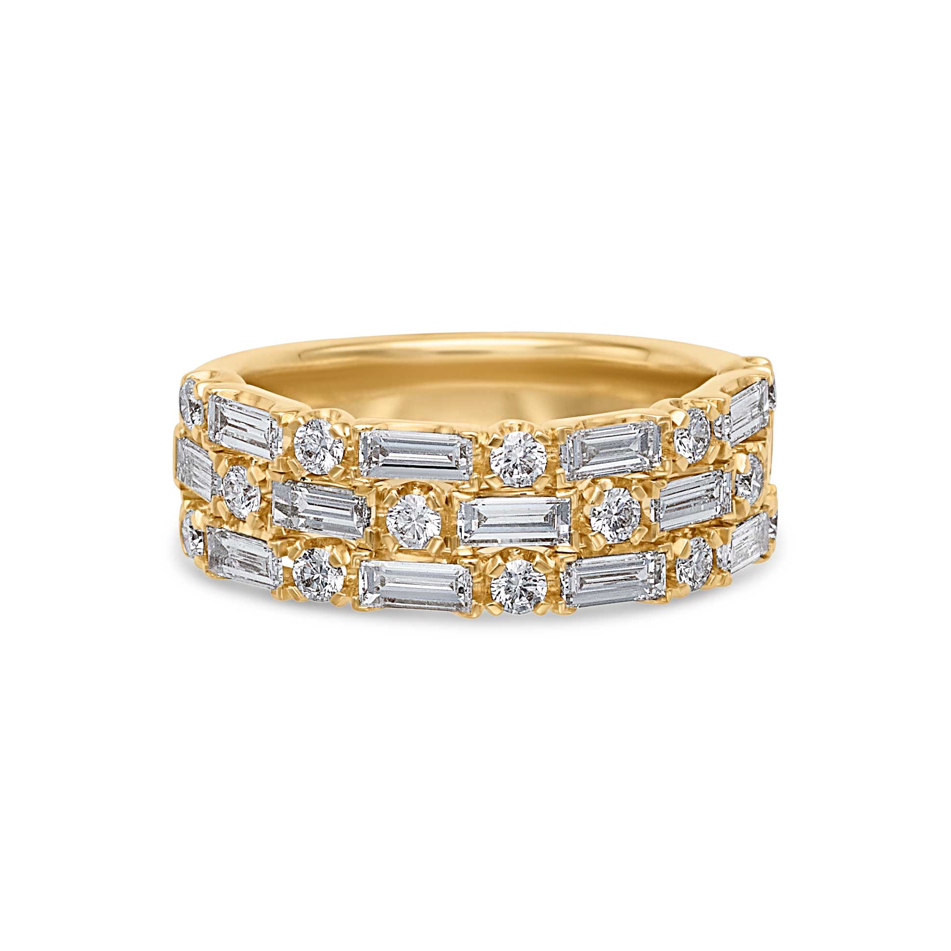 18KY Three Row Emerald Cut Diamond Band