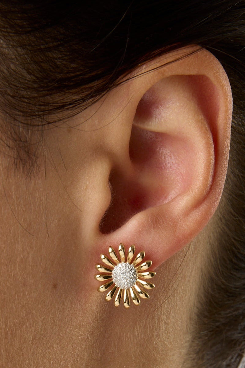 14KY Pave Diamond Sunflower Studs