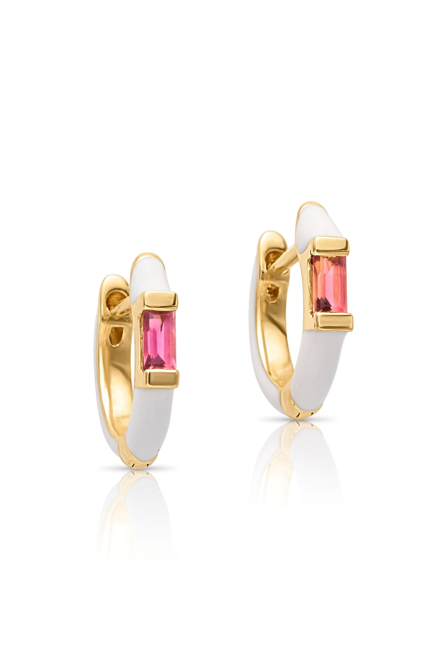 14KY Pink Tourmaline Baguette Huggies