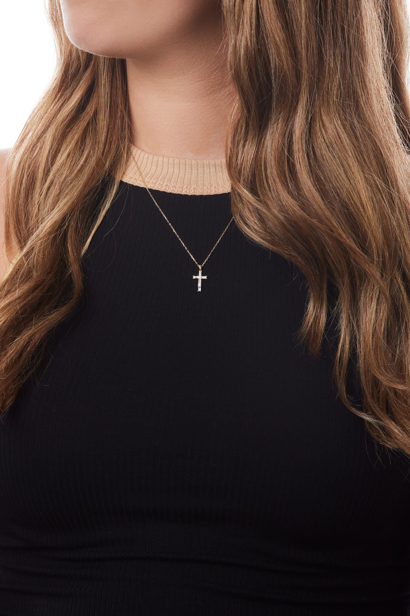 14KY Baguette Diamond Cross Necklace