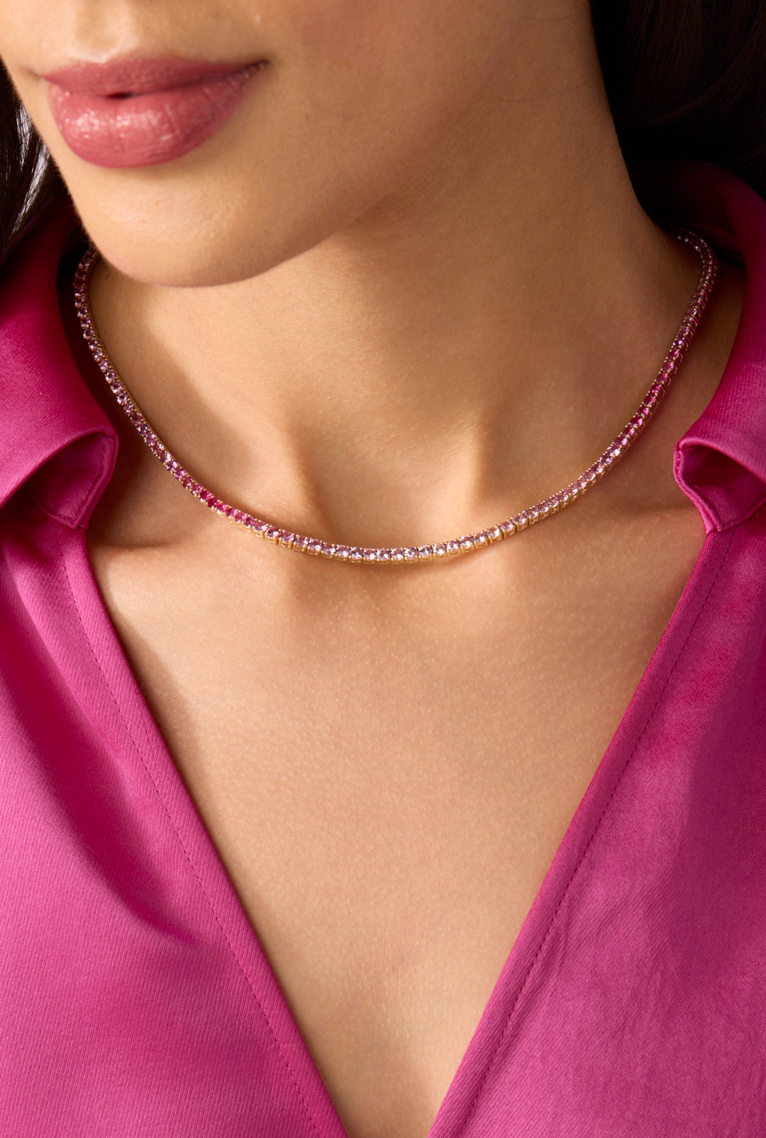 14KY Pink Sapphire Ombre Tennis Necklace