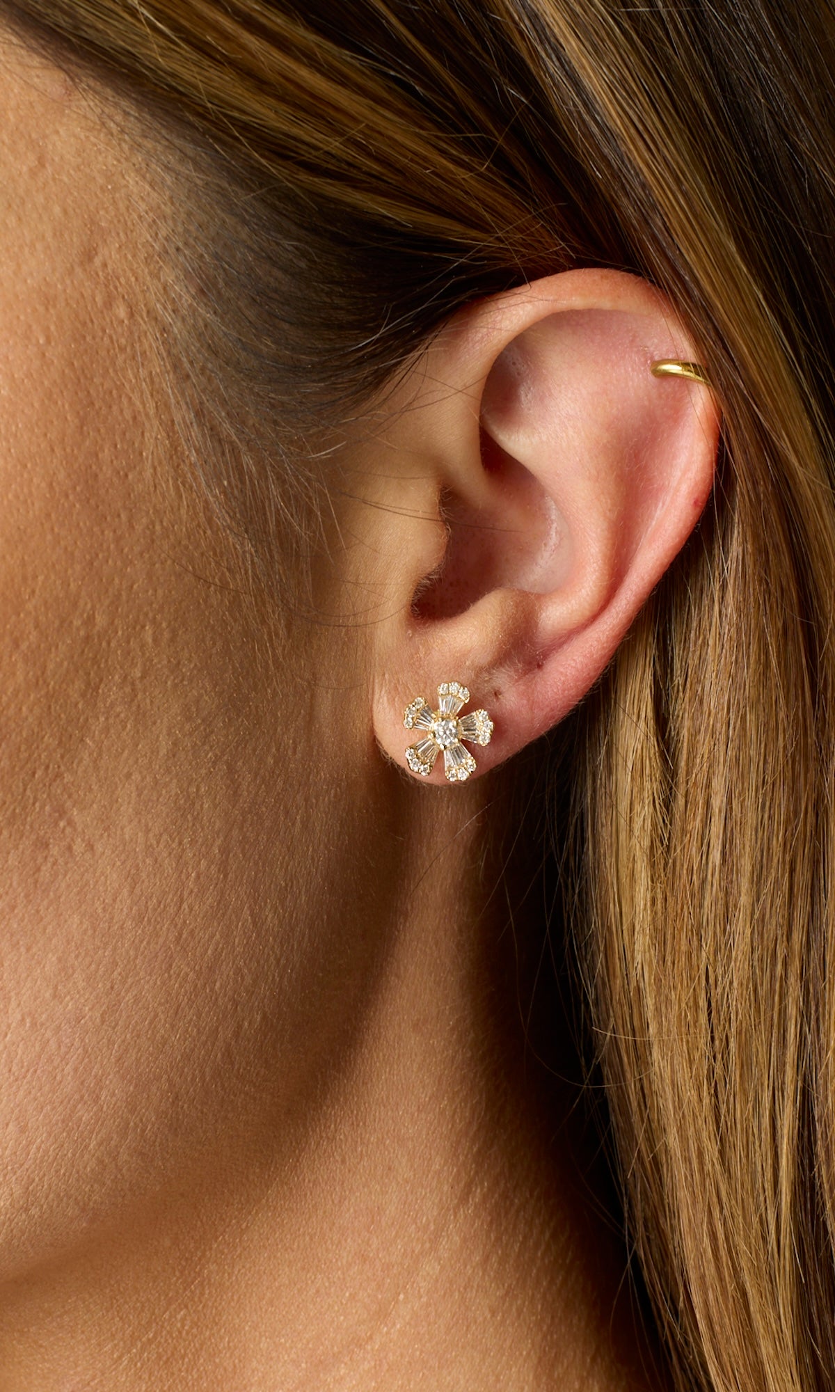 14KY Baguette Diamond Flower Studs
