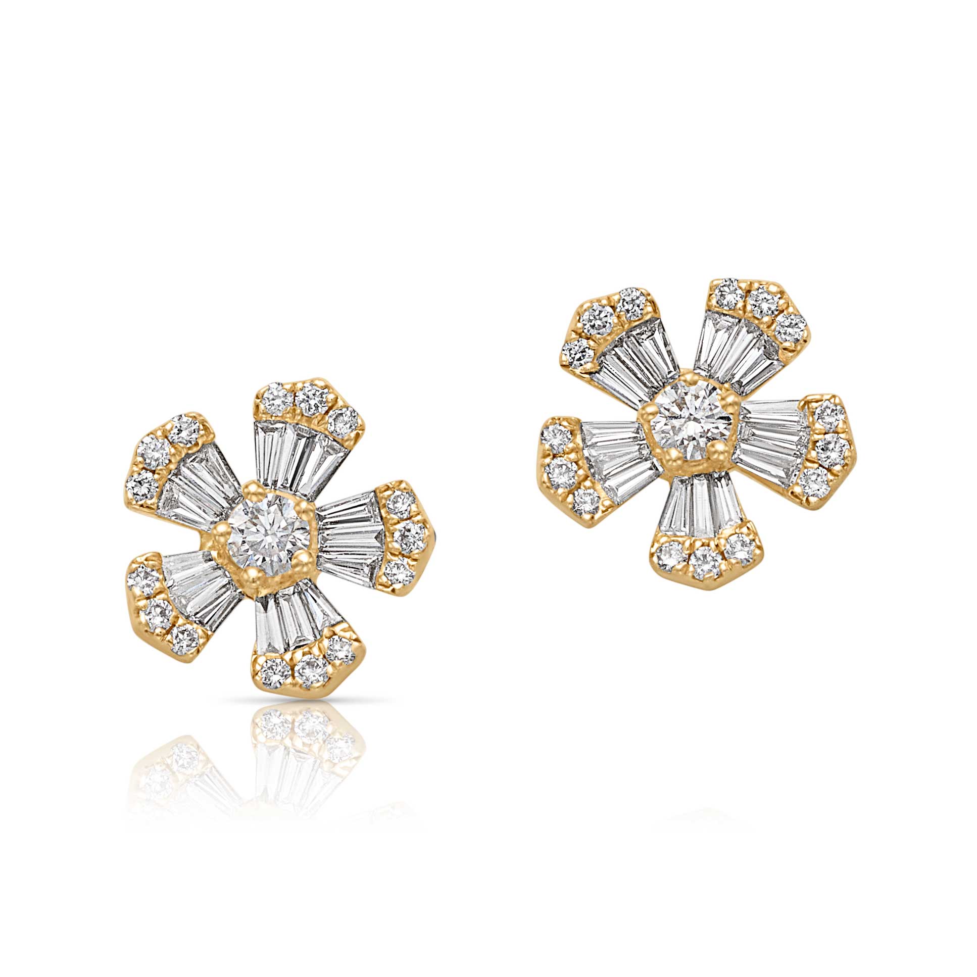 14KY Baguette Diamond Flower Studs
