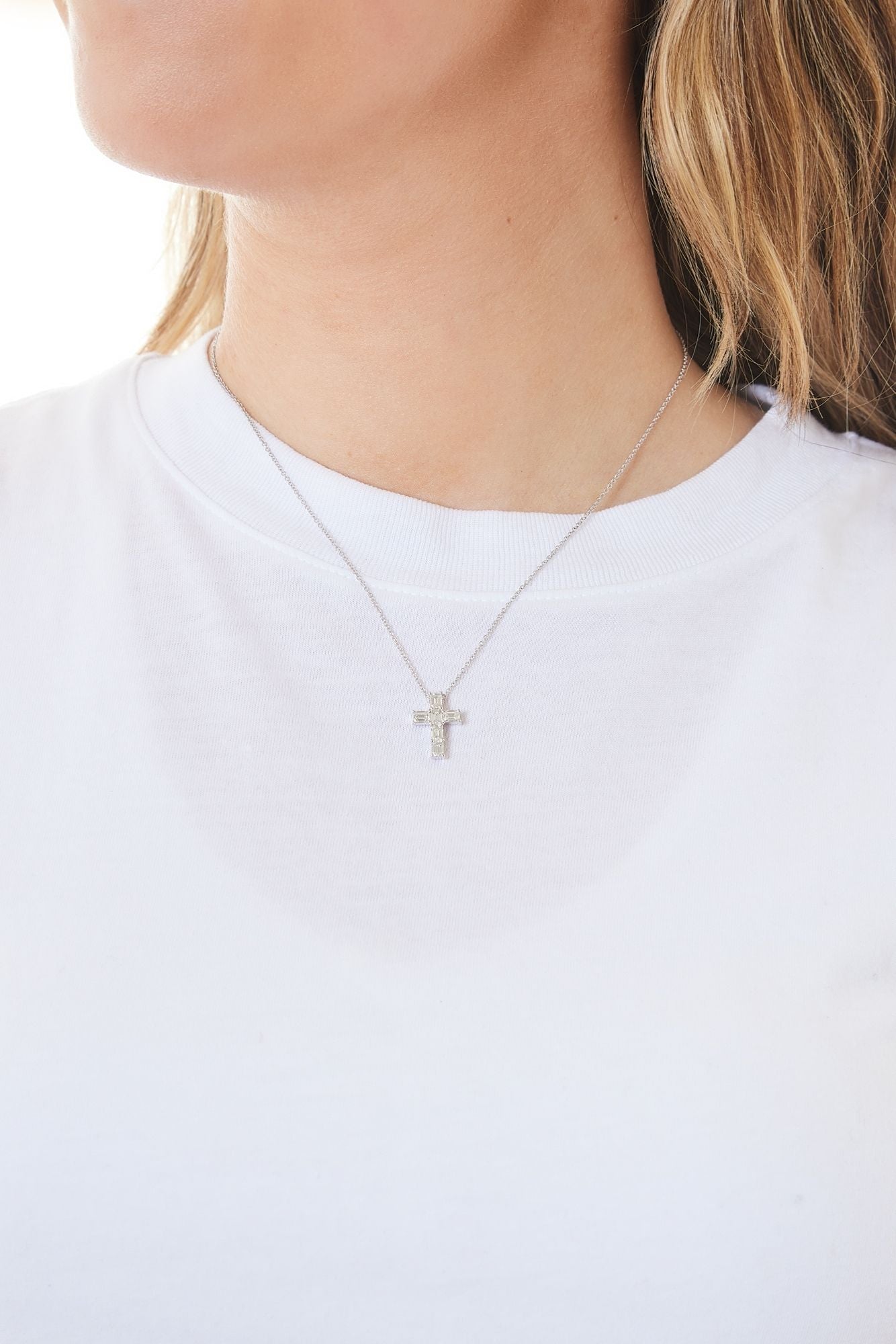 18KW Emerald Cut Diamond Cross Necklace