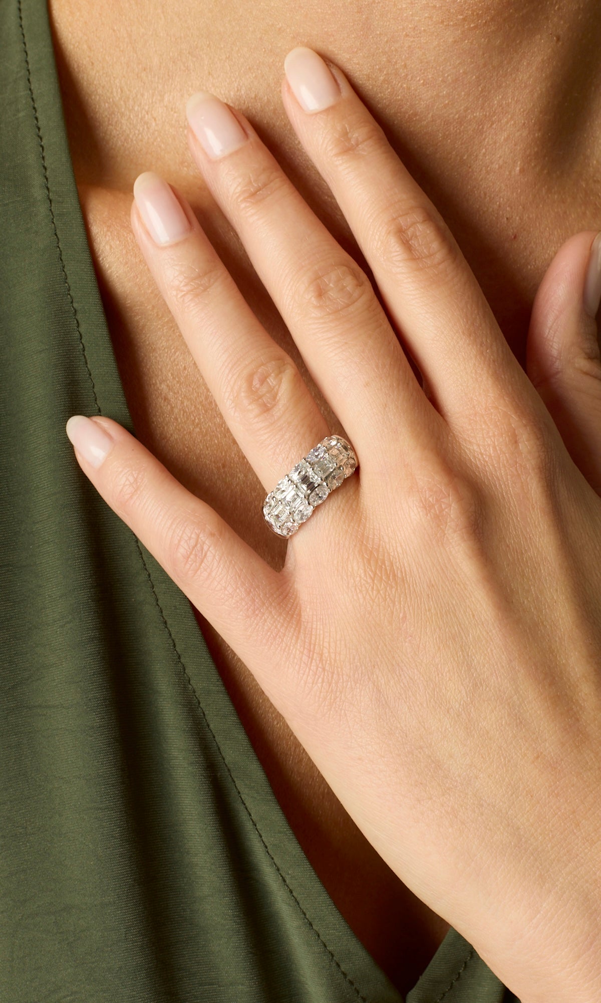 18KW Three Row Oval and Emerald Cut Diamond Band