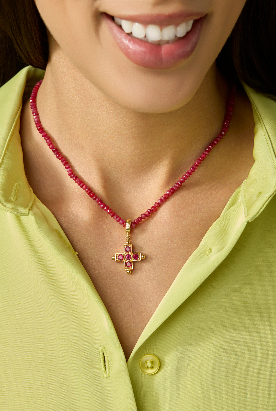 18KY Lydia Cross on Ruby Beads