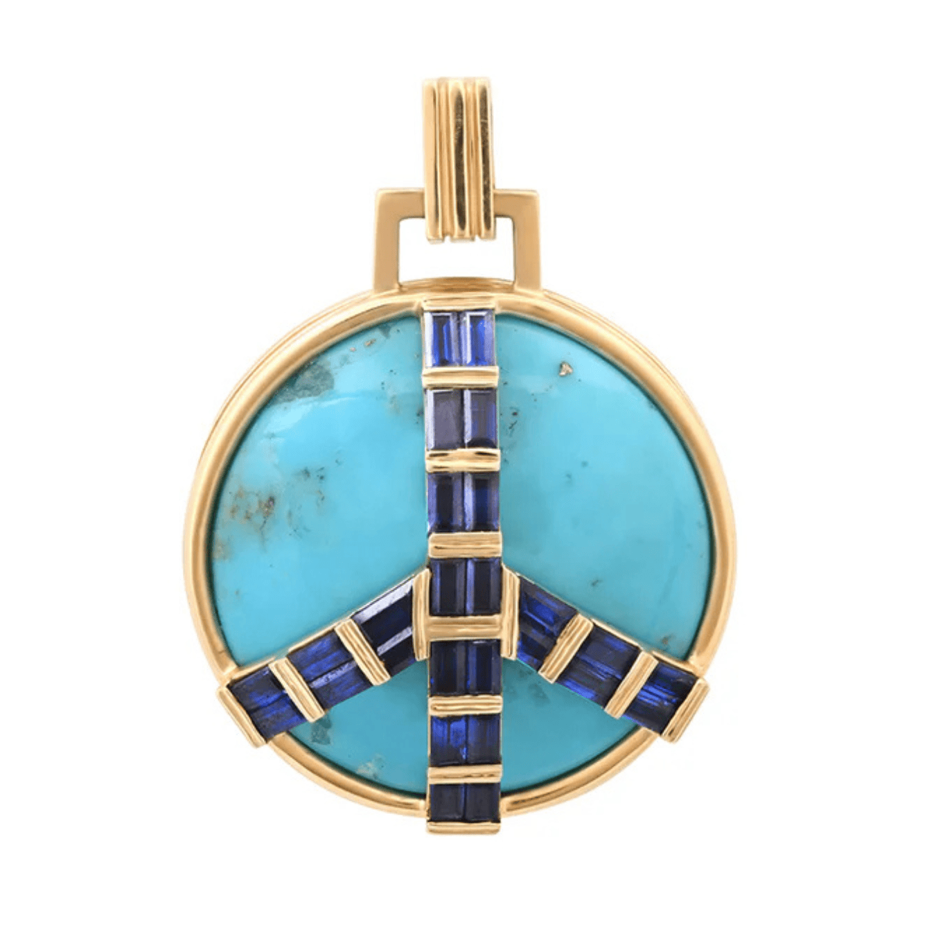 14KY Midsize Peace Pendant in Turquoise and Blue Sapphire