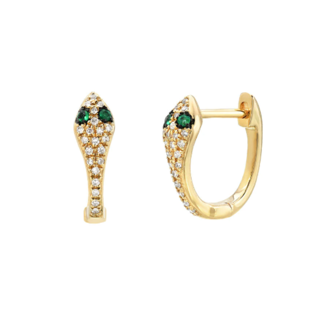 14KY Emerald Diamond Snake Huggie Earrings