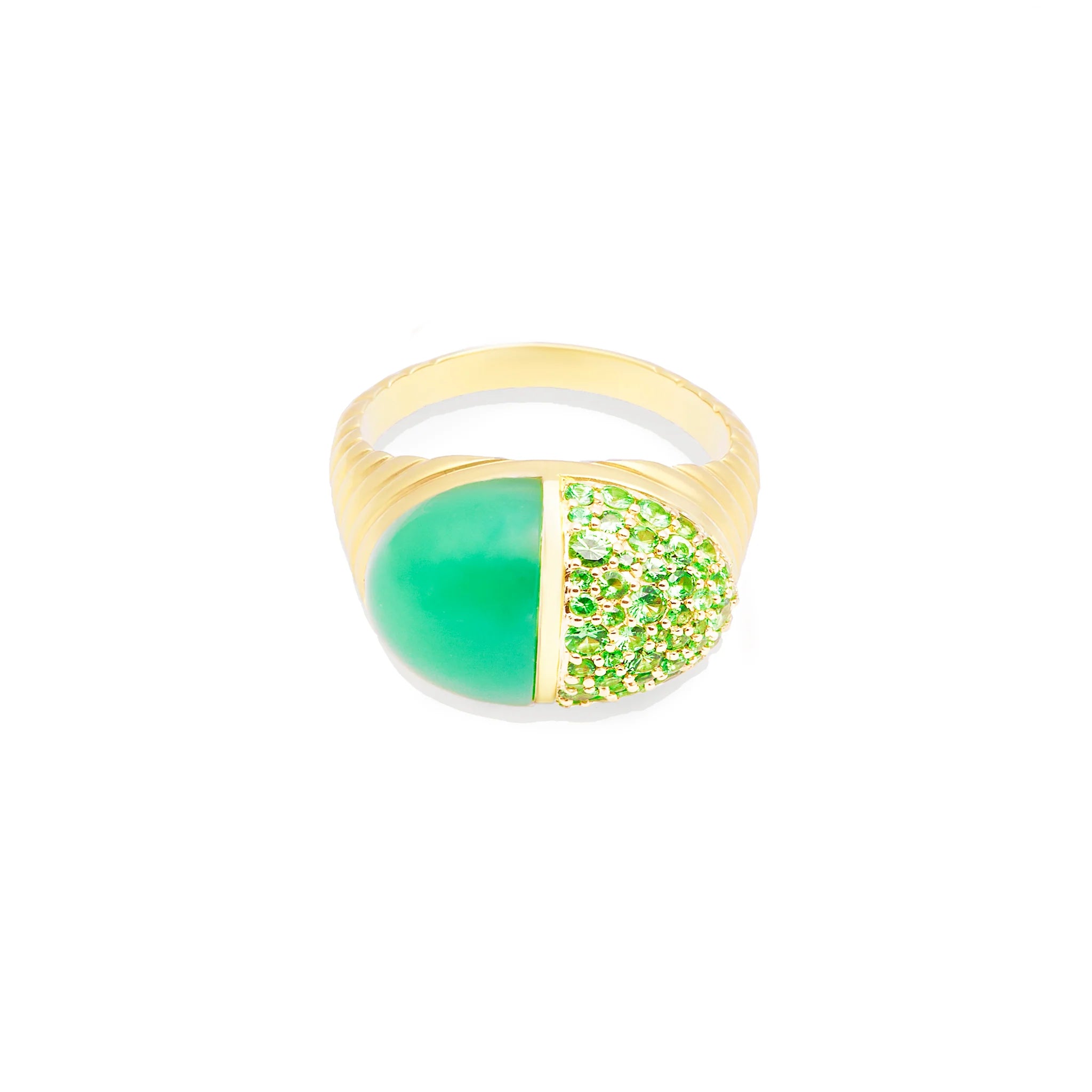 14KY Found Cap Cocktail Ring with Chrysoprase & Tsavorite
