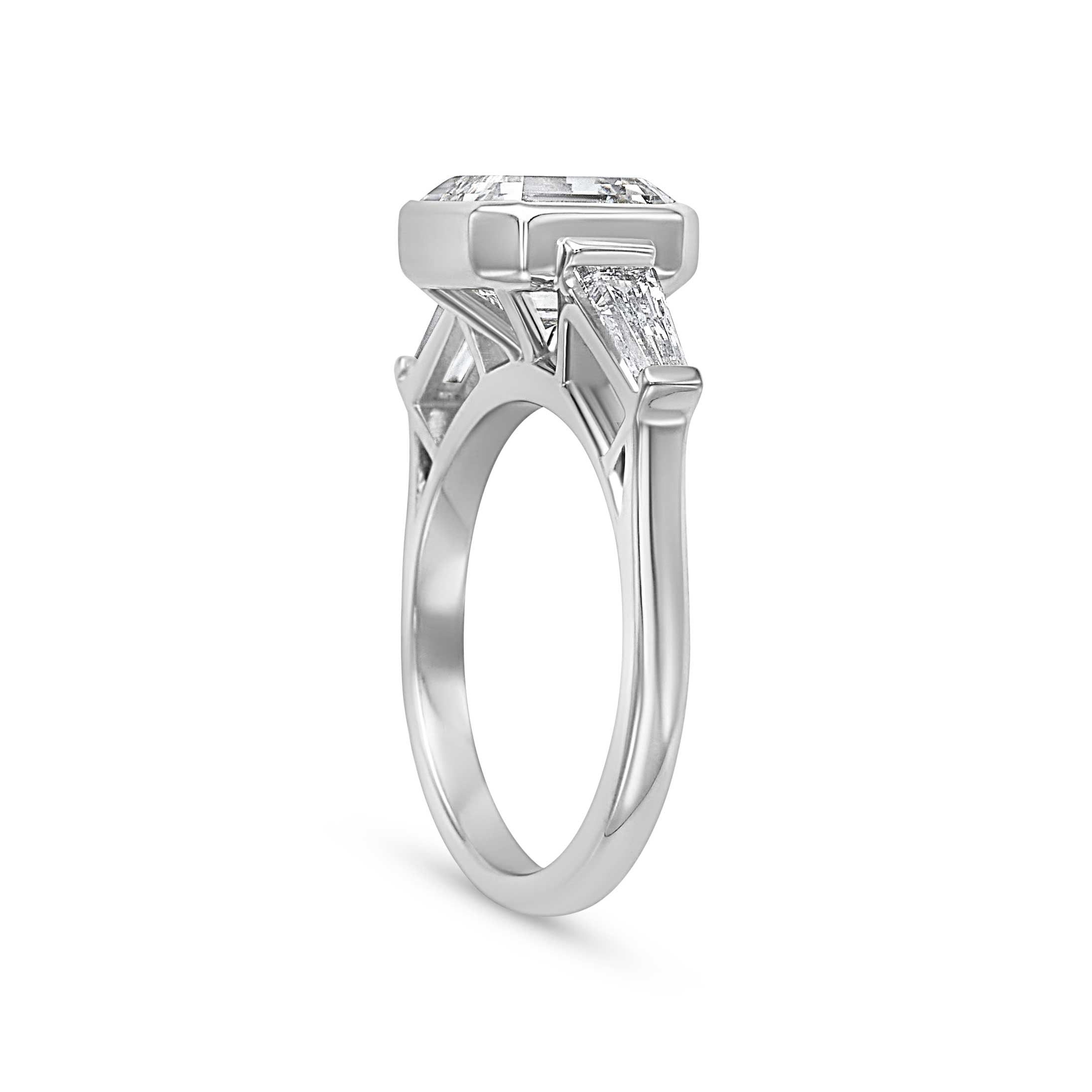3.36CT Asscher Cut Three Stone Engagement Ring With Tapered Baguette Side Stones