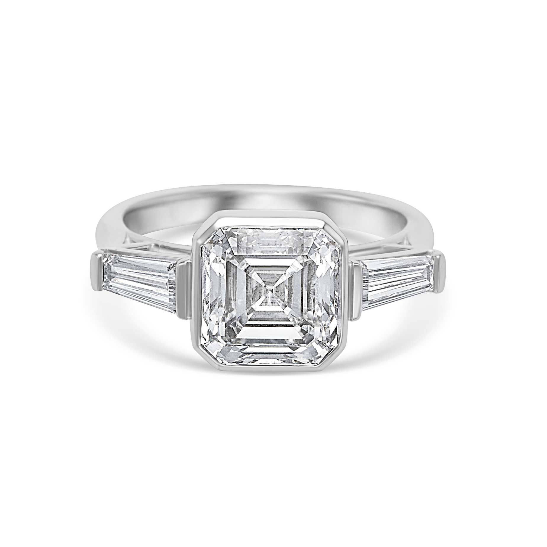 3.36CT Asscher Cut Three Stone Engagement Ring With Tapered Baguette Side Stones