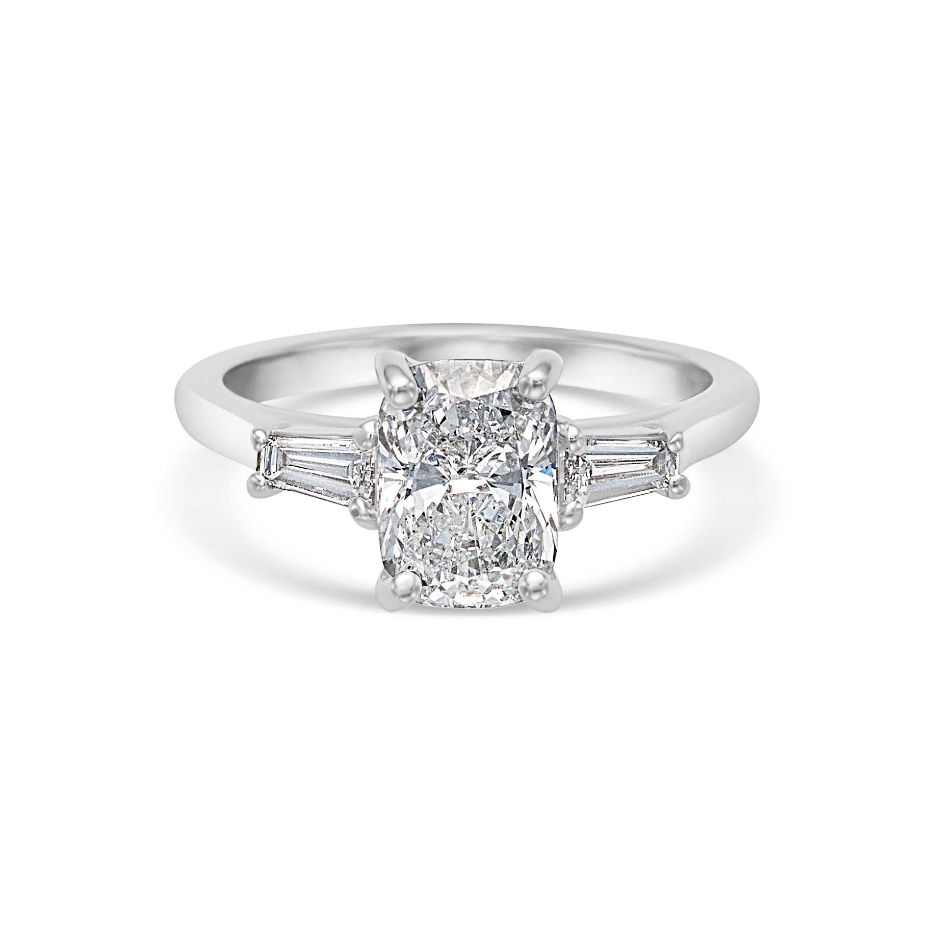 1.70CT Elongated Cushion Cut Three Stone Engagement Ring With Tapered Baguette Side Stones