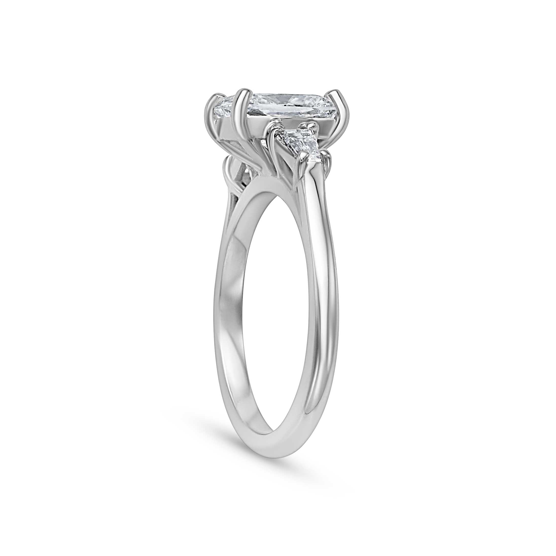 1.70CT Elongated Cushion Cut Three Stone Engagement Ring With Tapered Baguette Side Stones