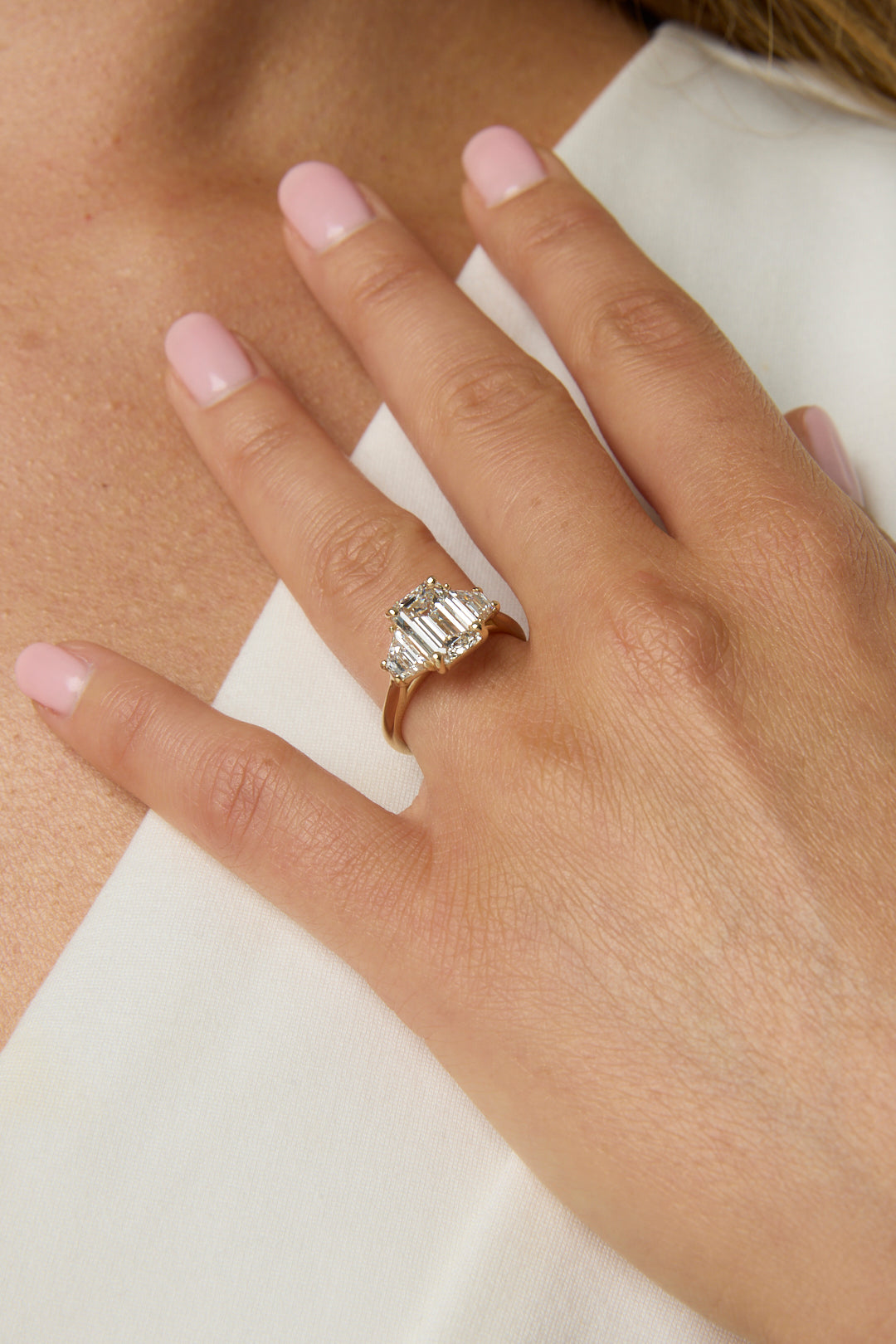3.04CT Emerald Cut Three Stone Engagement Ring With Trapezoid Side Stones-Engagement Ring-Saffron Bridal-Susan Saffron Jewelry