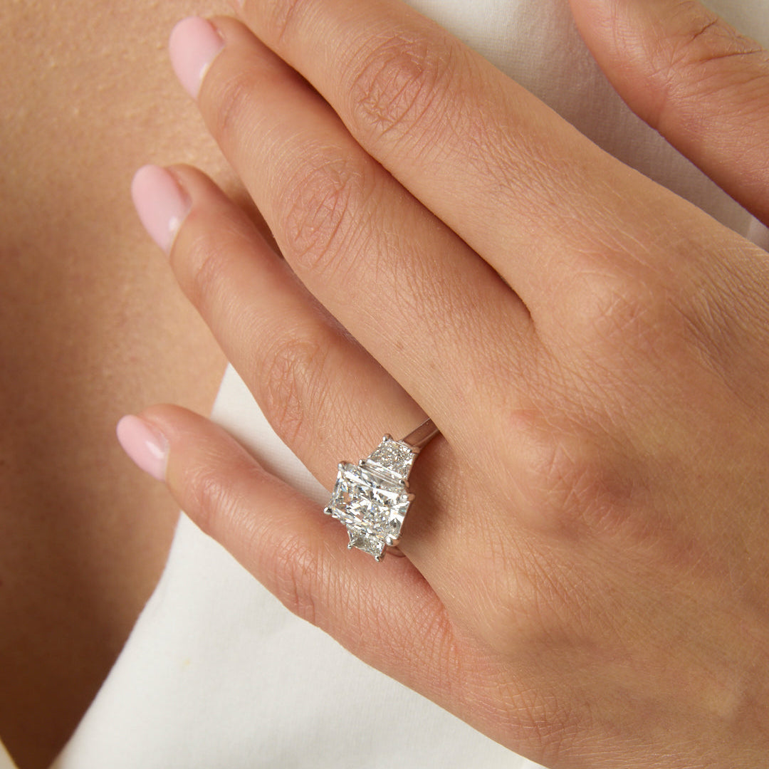 3.06CT Radiant Cut Three Stone Engagement Ring With Trapezoid Side Stones
