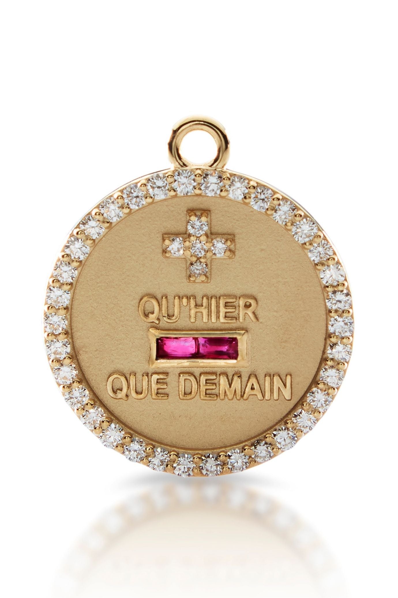 18KY Emerald and Diamond Qu'Hier Que Demain Love Token with Diamond Bezel