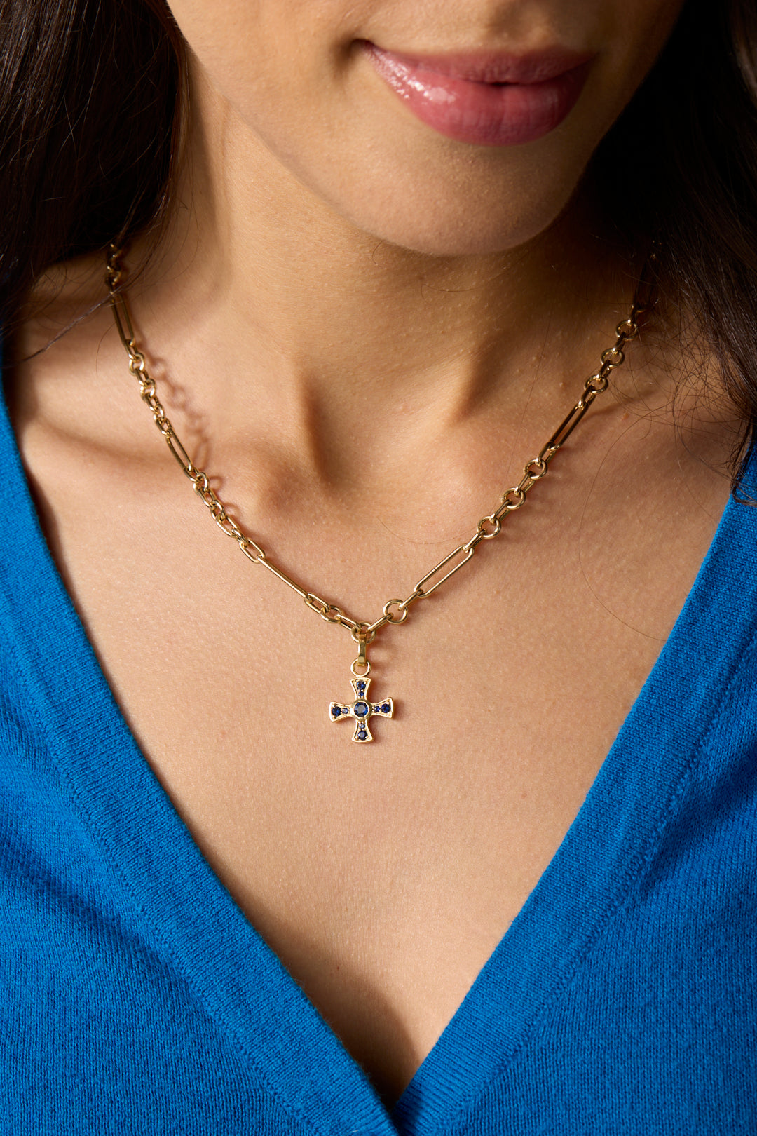 18KY Center Bezel Cross Bl Sap-Charms-Trilogy-Susan Saffron Jewelry