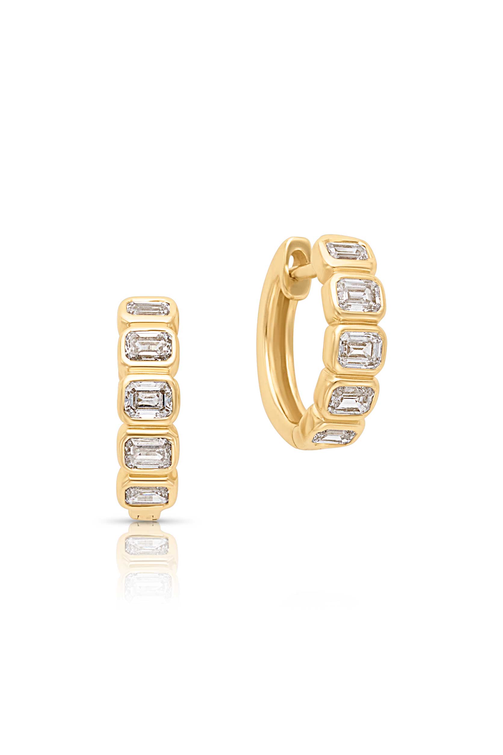 14KY Emerald Cut Diamond Bezel Set Huggies