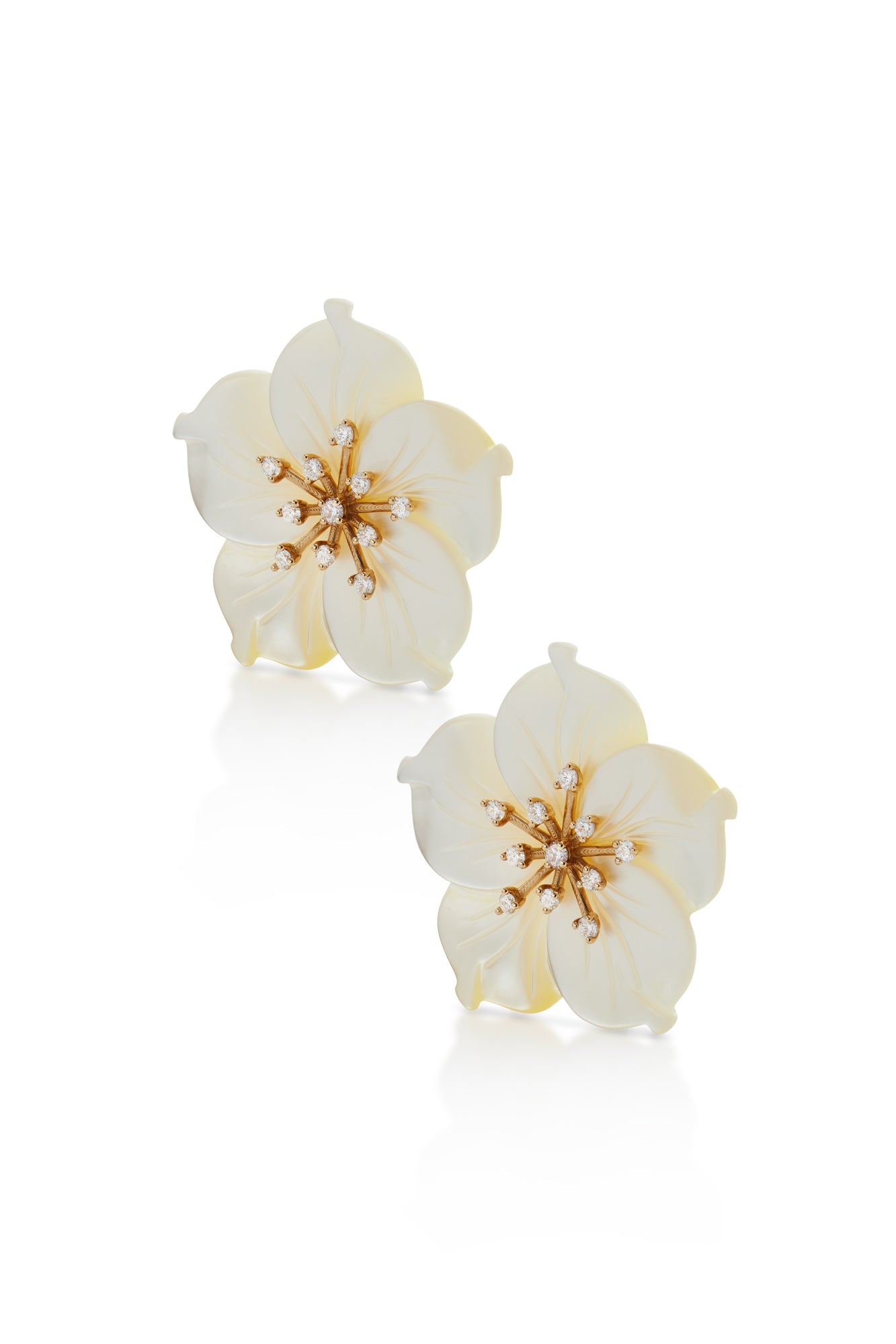 Large Mother Of Pearl Flower and Diamond Earrings Susan Saffron Jewelry