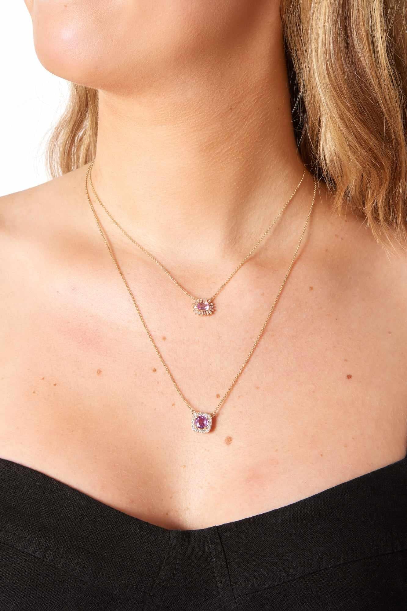 14KY Pink Sapphire Halo Necklace