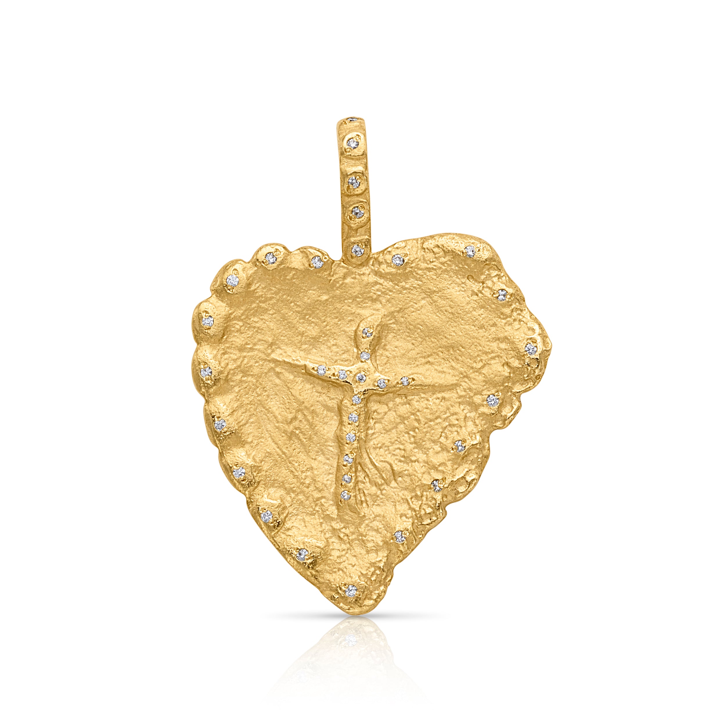 18KY Hammered Heart with Angel Cross with Pave Diamonds