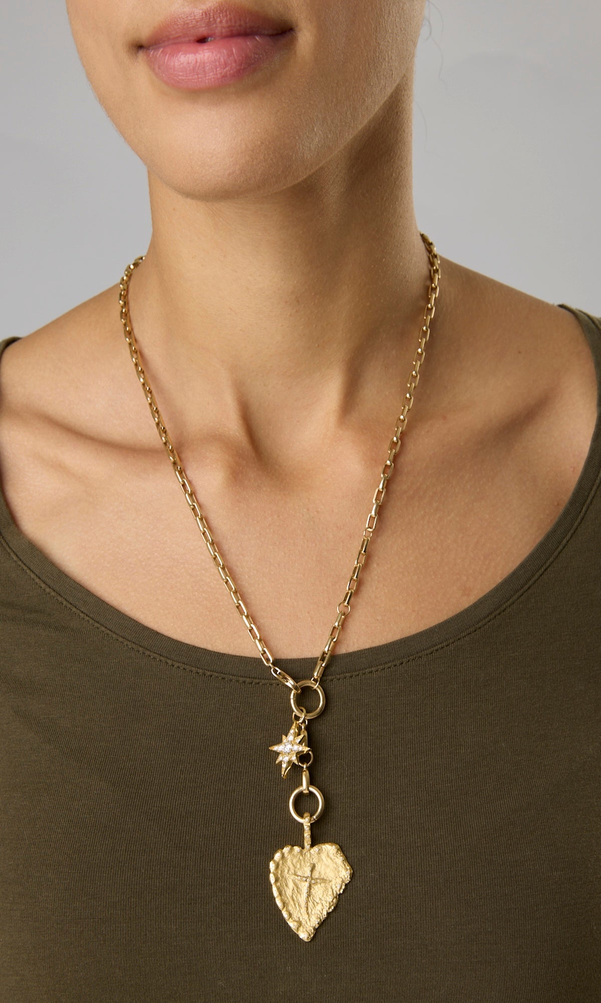 18KY Hammered Heart with Angel Cross with Pave Diamonds