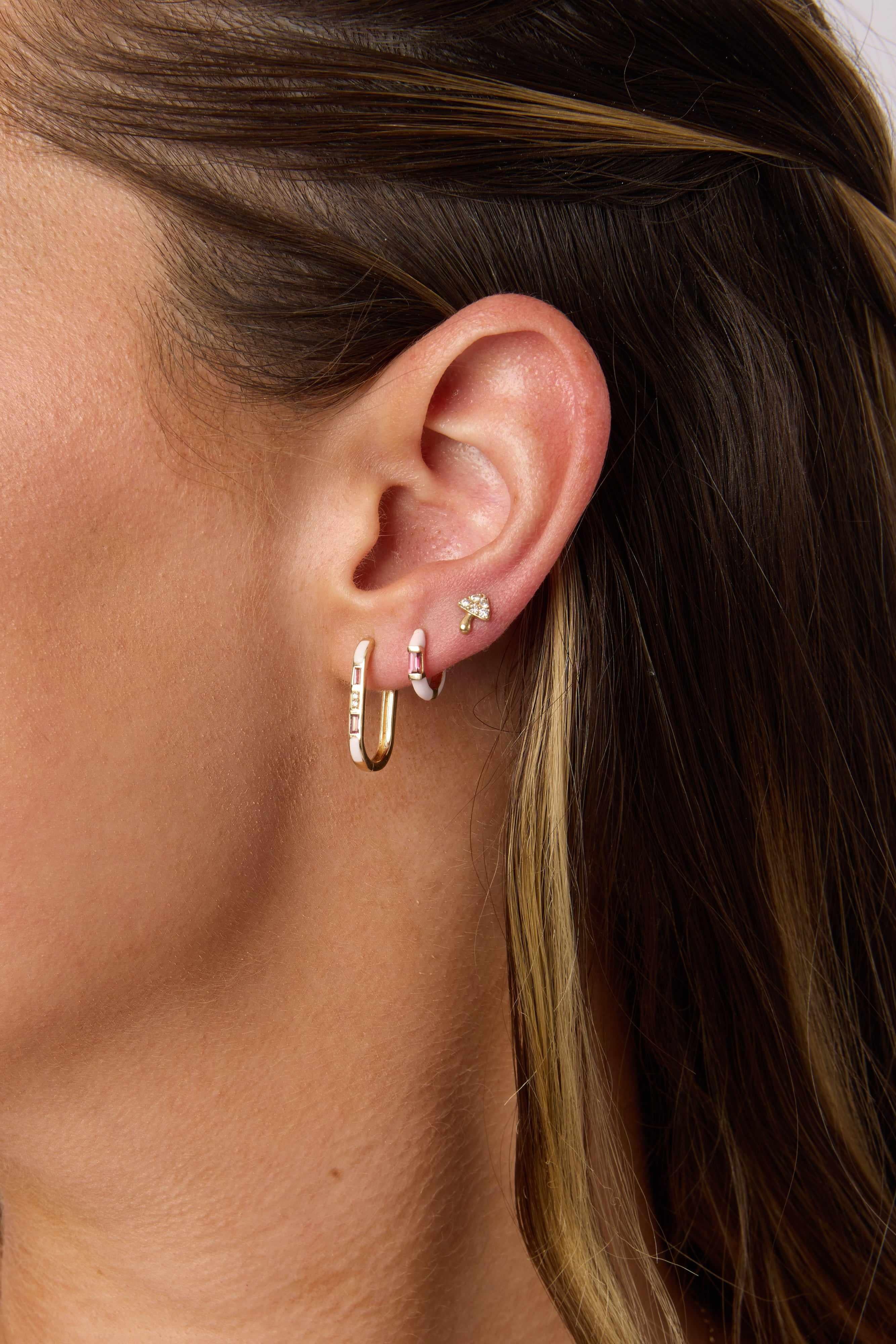 14KY Enamel and Pink Tourmaline Baguette Hoops