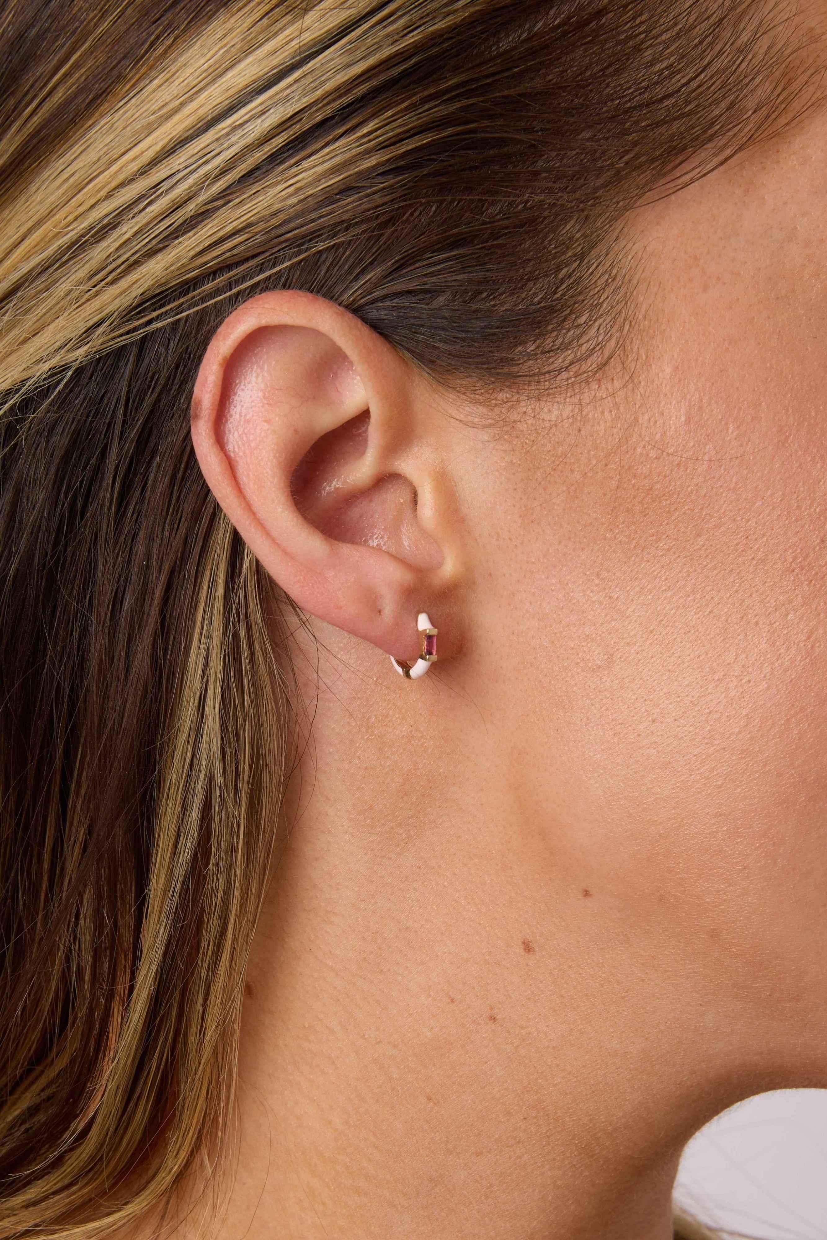 14KY Pink Tourmaline Baguette Huggies