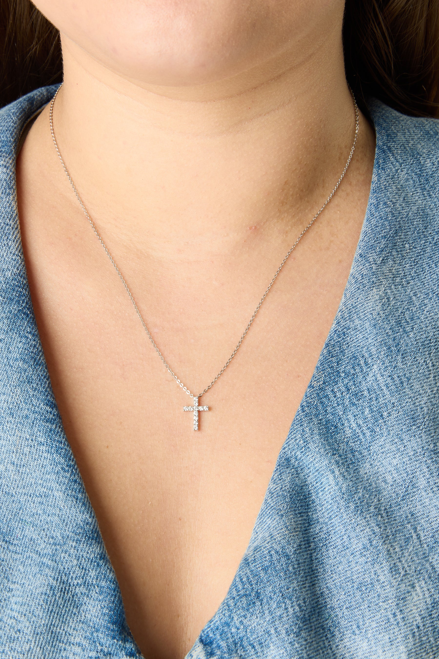 14K Small Pave Diamond Cross Necklace