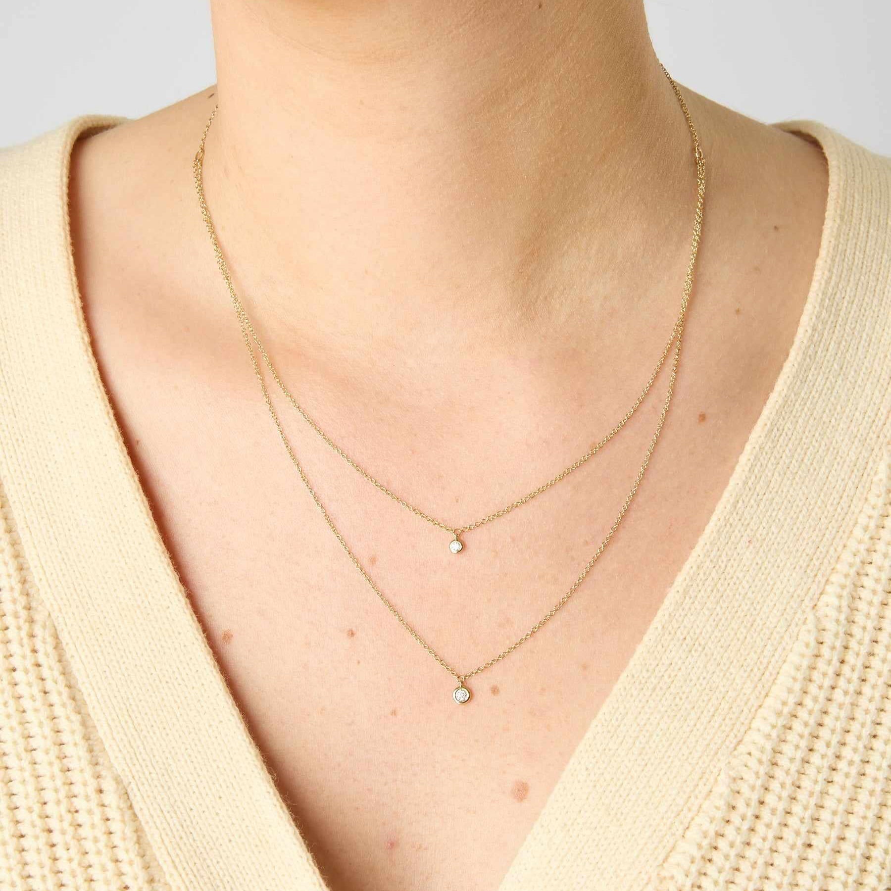 14KY Double Strand Necklace with Bezel Set Diamonds