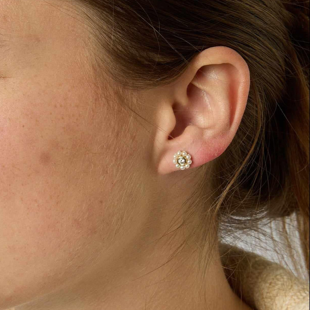 14K Diamond and Pearl Studs