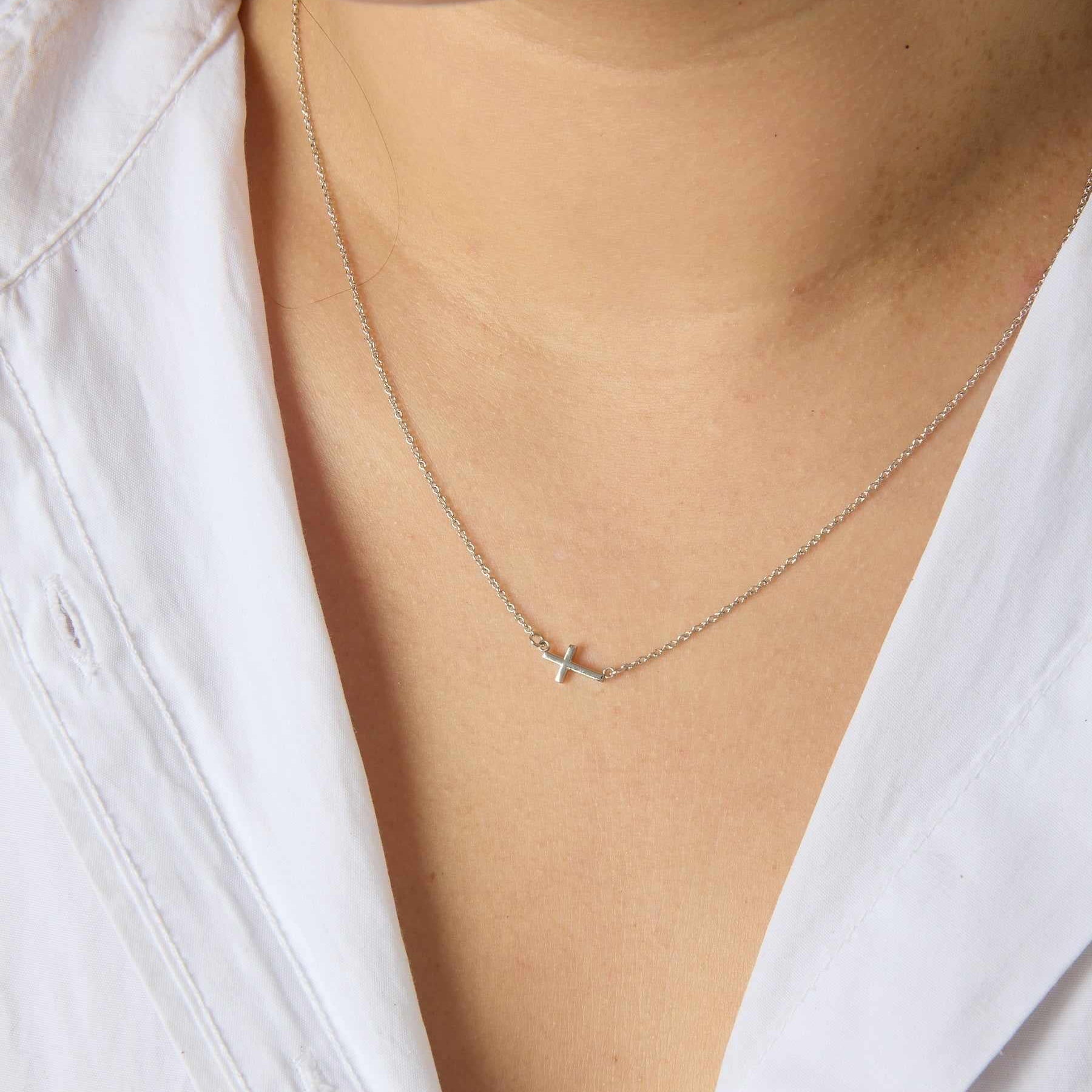 14KW Rhodium Sideways Cross Necklace