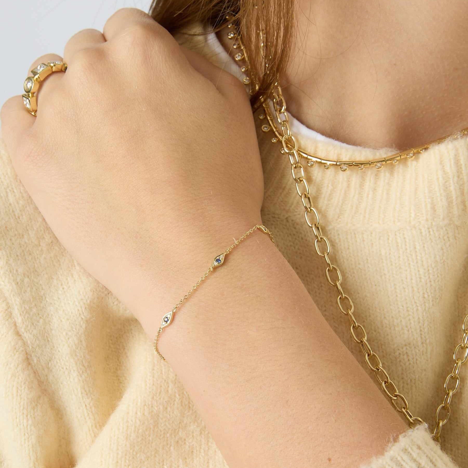 14KY Blue Sapphire and Diamond Eye Station Bracelet