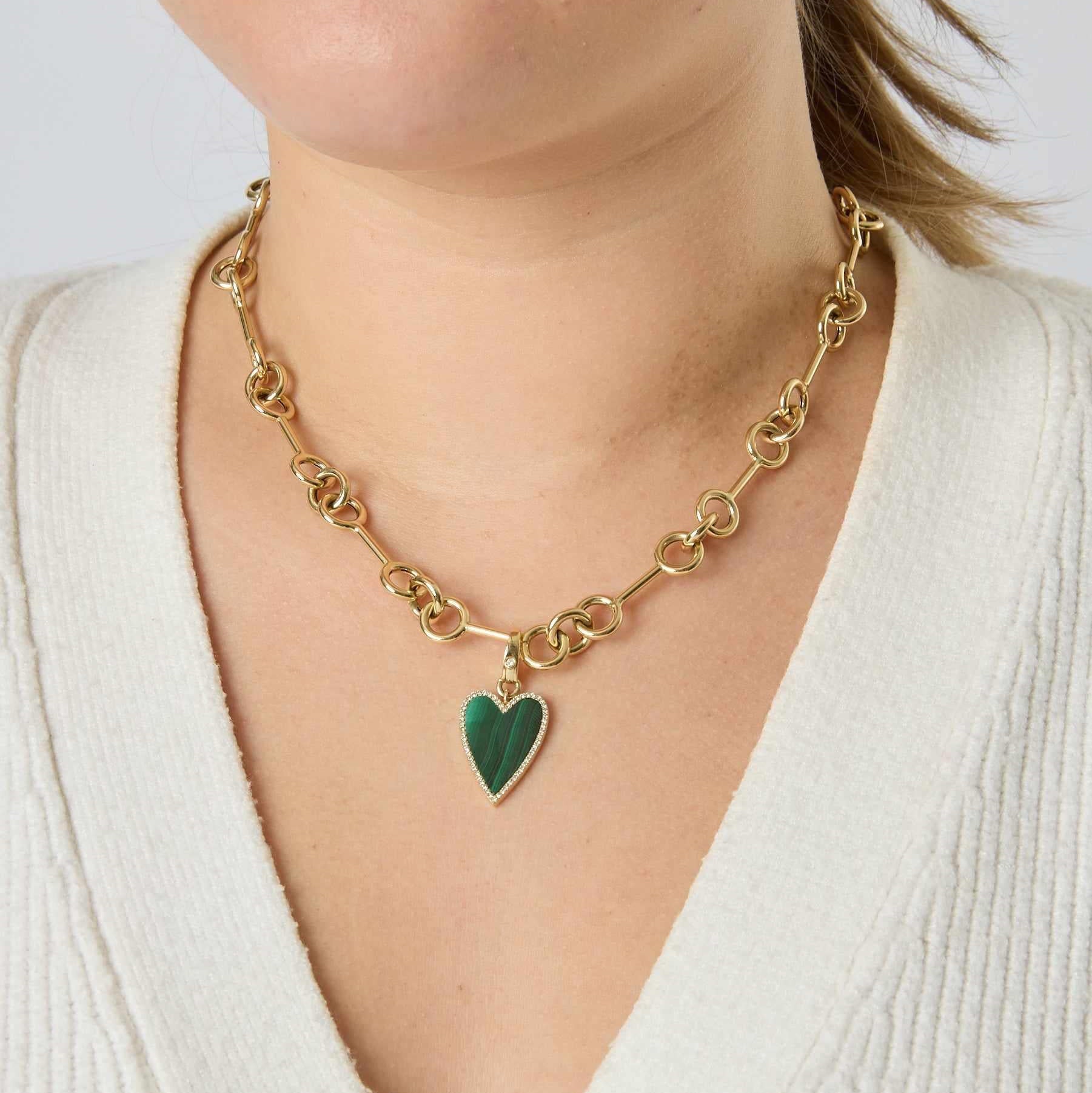 14KY Large Diamond Malachite Heart with Clip
